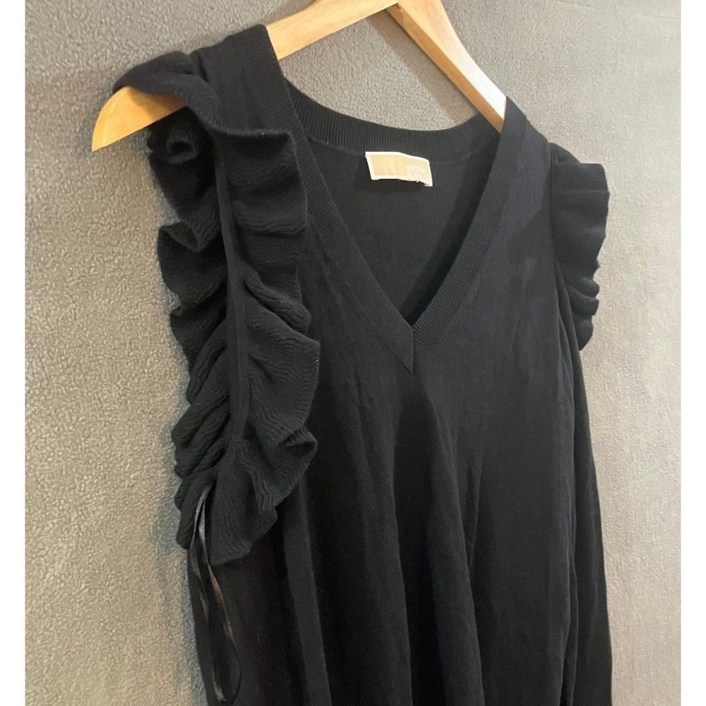 Michael Kors Cold Shoulder V-Neck Sweater Ruffle Long Sleeve Knit Top Black XS - Picture 3 of 8